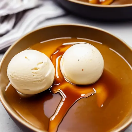 Prompt: closeup of a bowl with three balls of plain vanilla ice cream. with small amounts of caramel sauce on top. Simplistic. Food photography.