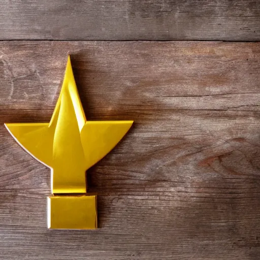 Prompt: golden hammer and sickle on a wooden table, dslr photo