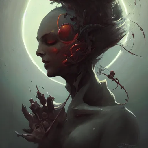 Image similar to portrait of a dark sombre woman, concept art by pete mohrbacher and seb mckinnon and beksinski and josan gonzales, digital art, highly detailed, intricate, sci-fi, sharp focus, Trending on Artstation HQ, deviantart, unreal engine 5, 4K UHD image