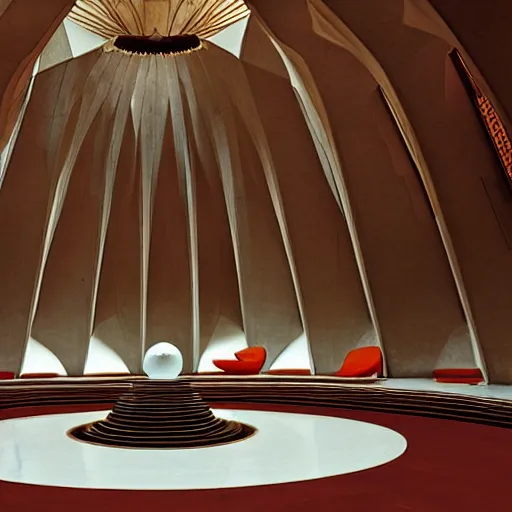 Prompt: interior of an art deco lotus temple with gold, red and white marble panels, in the desert, by buckminster fuller and syd mead, intricate contemporary architecture, photo journalism, photography, cinematic, national geographic photoshoot