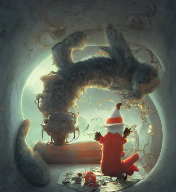 Prompt: complex 3 d render, hyper detailed, ultra sharp, of the cat in the hat, scary, cosmic horror, cinematic, natural soft light, rim light, art by greg rutkowski and artgerm and moebius, dr seuss