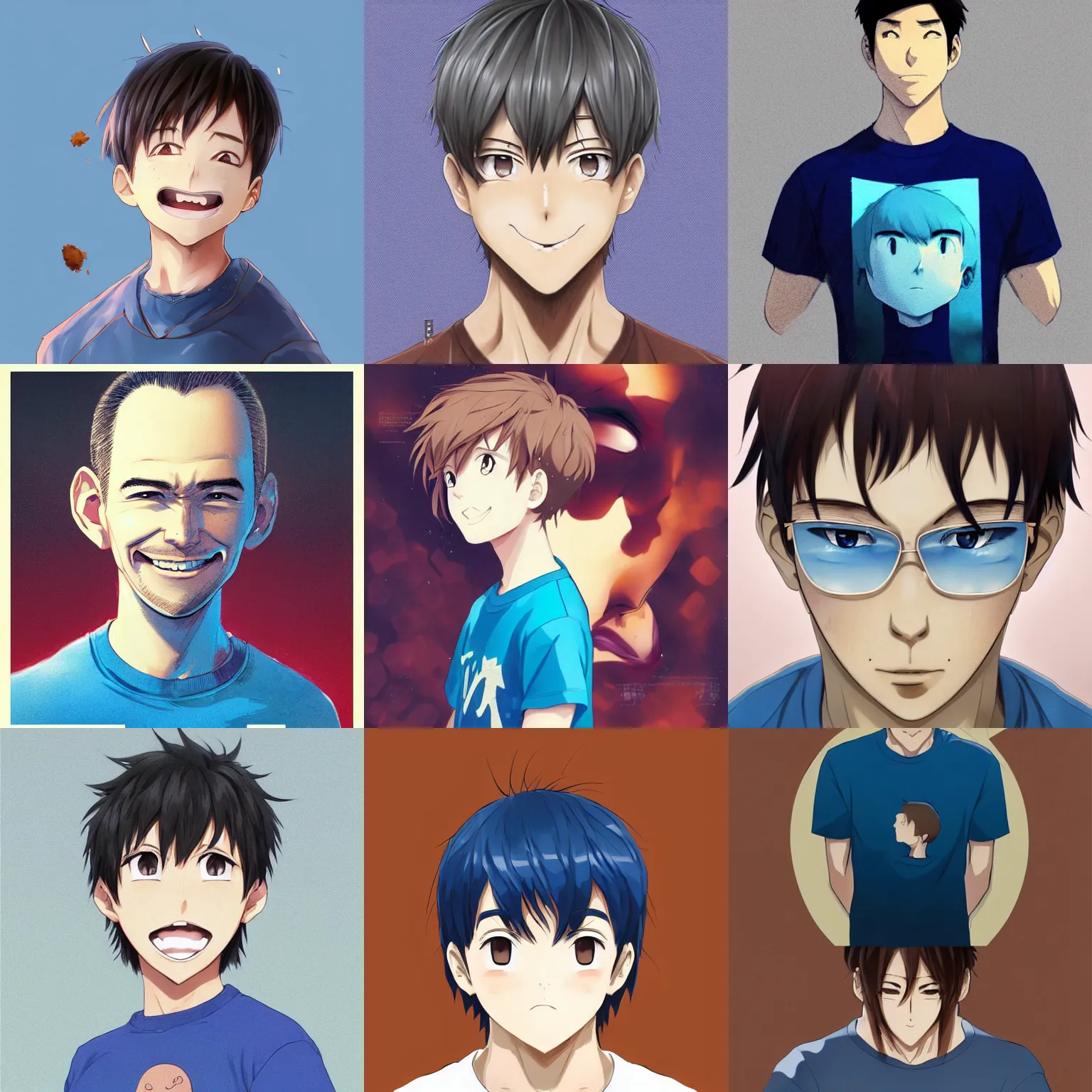 Image similar to A medium shot anime portrait of a happy anime man with extremely short walnut hair and blue eyes, wearing a t-shirt, his whole head fits in the frame, head shot, solid background, by Stanley Artgerm Lau, WLOP, Rossdraws, James Jean, Andrei Riabovitchev, Marc Simonetti, and Sakimi chan, trending on artstation