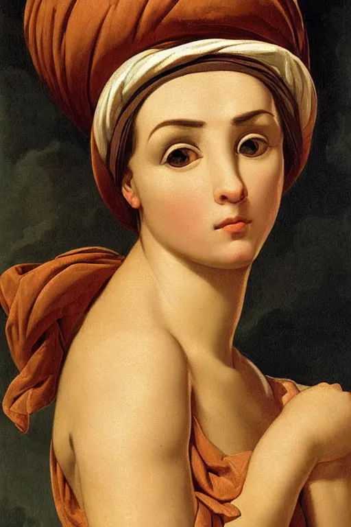 Prompt: beautiful woman, scared face, closeup, dressed in roman clothes, ultra detailed, art by Guido Reni style