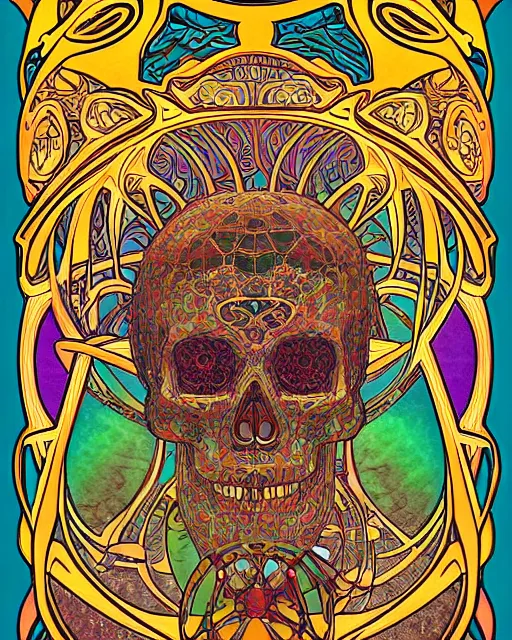 Image similar to skull carving art, cell shading, voronoi,fibonacci sequence, sacred geometry by Alphonse Mucha, Moebius, hiroshi yoshida, Art Nouveau, colorful, ultradetailed, vivid colour, 3d