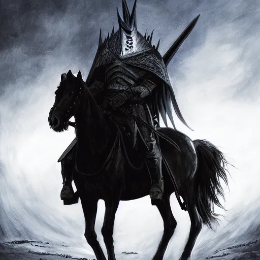 Prompt: Witch-king of Angmar holding sword on black horse horse rearing up dark moody lighting wallpaper painting