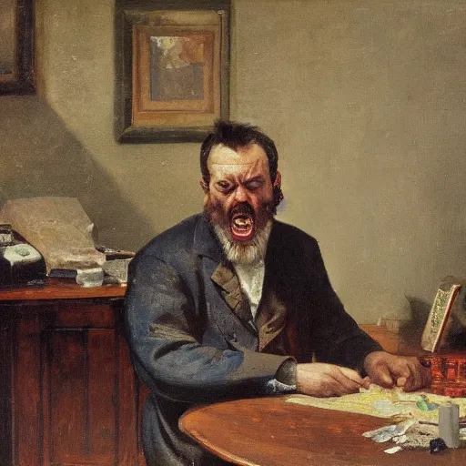 Image similar to an angry man yells at his computer monitor, oil on canvas, 1 8 8 3, highly detailed