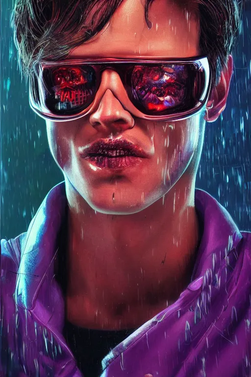 Image similar to detailed portrait of a cyberpunk male with face augmentations, strong neon lighting, raining, mysterious, mirror shades, by glenn fabry, hyper realistic, HD, oil on canvas