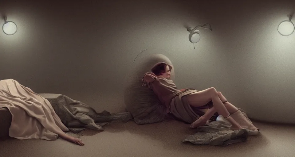 Prompt: a woman sleeping in a hibernation pod by norman rockwell, side view, in the style of blade runner, high tech, photoreal, dramatic lighting, unreal engine 5, octane rendering, ray tracing