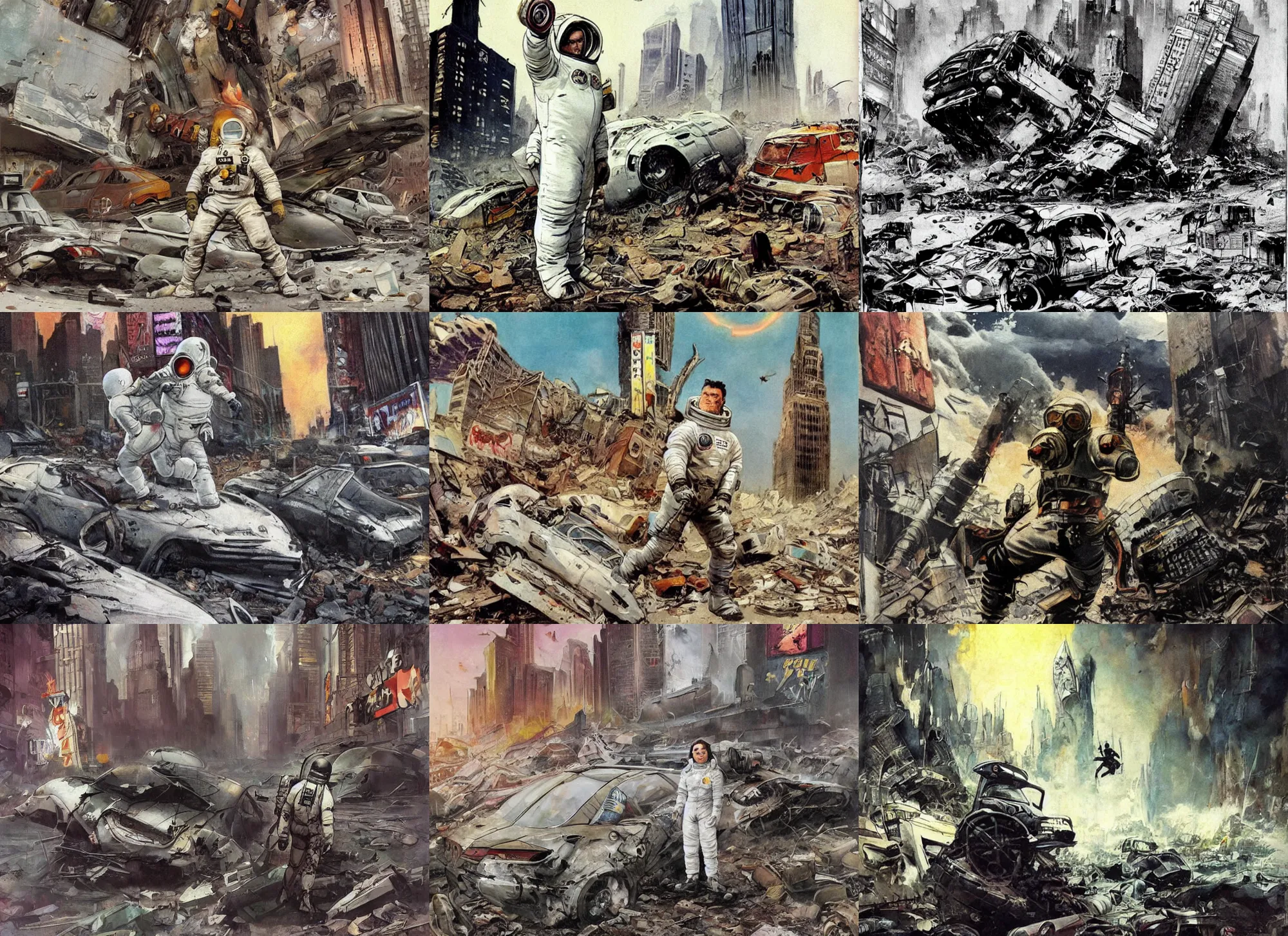 Prompt: frazetta style!!! american white spacesuit chubby astronaut in giant postapocalyptic abandoned destroyed times square, wrecked buildings, destroyed flipped wrecked cars