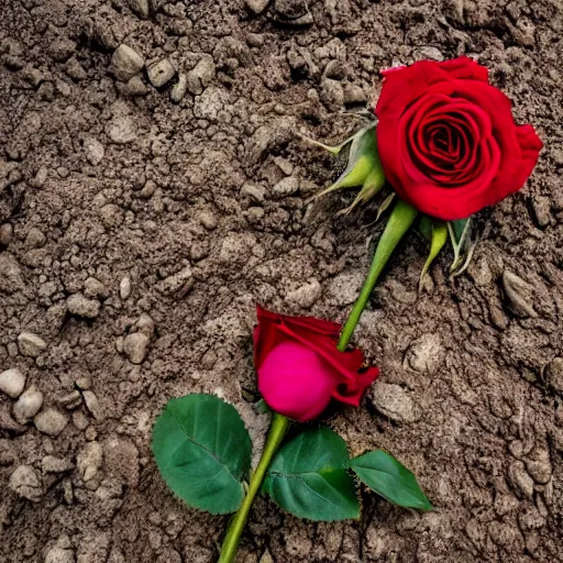 Image similar to a red rose, on a dirt grave, photography, faded