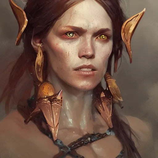 Image similar to portrait of an elven woman with small copper horns, by greg rutkowski, trending on artstation, dungeon and dragons art