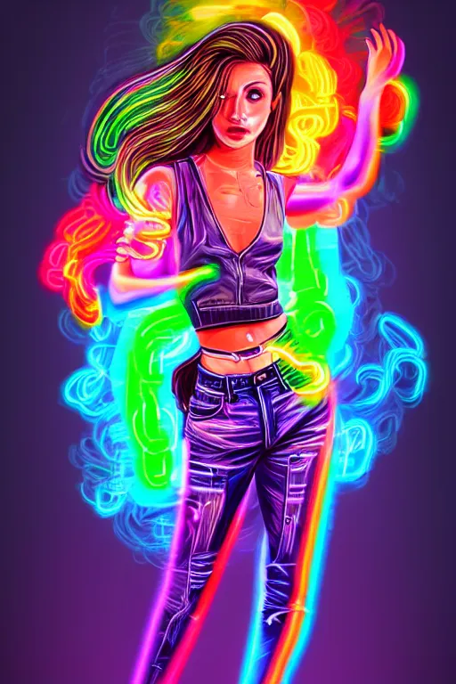 Image similar to a award winning half body portrait of a beautiful woman with stunning eyes in a croptop and cargo pants with hair like rainbow colored smoke, outlined by whirling illuminated neon lines, outrun, vaporware, shaded flat illustration, digital art, trending on artstation, highly detailed, fine detail, intricate