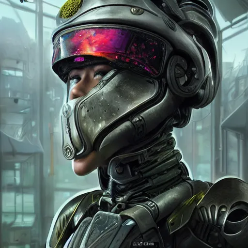 Image similar to Futuristic female soldier with open helmet in armour standing in a machine city with alien plants, portrait, highly detailed, fractals, ornate, cinematic, 8k, by Stanley Artgermm, Tom Bagshaw, Greg Rutkowski, Carne Griffiths, Ayami Kojima, trending on DeviantArt, hyper detailed, full of color, digital art,