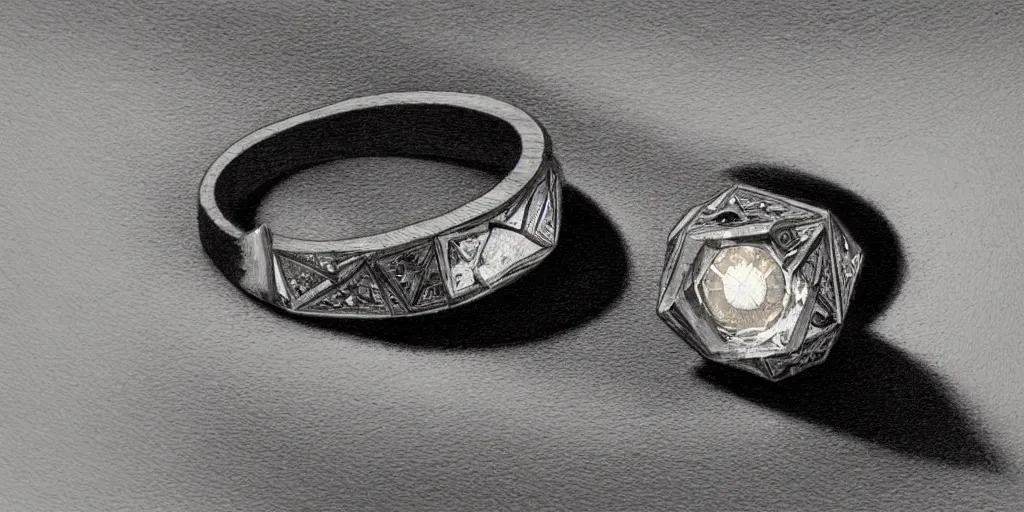 Image similar to magic ring with a diamond, fire, flame, engraving, d & d, item, graphic, close - up, design, shimmer, artbook, page, detailed, trending on artstation, cgsociety, ralph mcquarrie and greg rutkowski