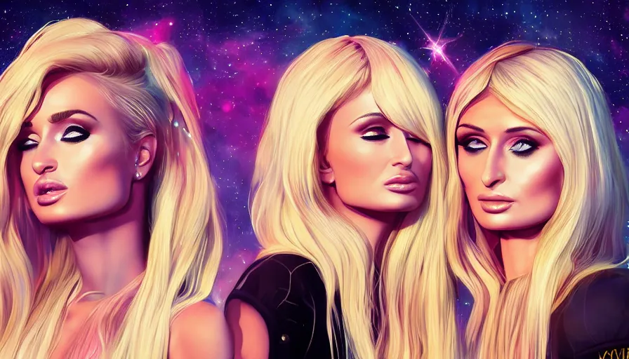 Image similar to Kim Petras and Paris Hilton written in the stars, hyperdetailed, artstation, cgsociety, deviantart 8k