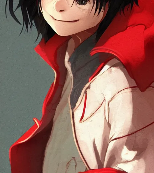 Image similar to attractive little boy character inspired in little red riding hood and michael jackson, digital artwork made by akihiko yoshida, wlop and makoto shinkai, anatomically correct, symmetrical, highly detailed, sharp focus, extremely coherent