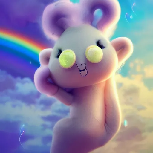 Image similar to cutest tiny fantasy cloud animal, with sprouting rainbow hair, hd, japanese anime artist drawn, dlsr, dream animal cute eyes, trending on artstation, cotton candy, octane render, cinematic