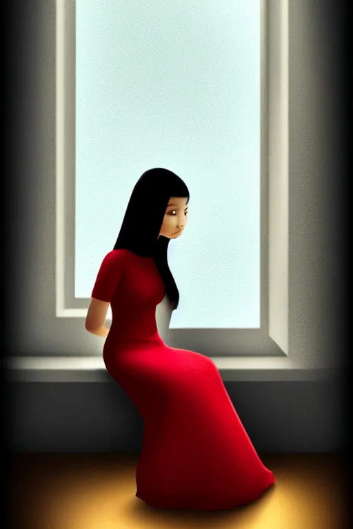 Image similar to joana sitting lookin at window composition : dynamic lighting, digital painting, center of interest, intricate, proportion, highly quality, balance, unity, extremely highly detailed. by bambang nurdianshyah ( details and background ) garis edelweiss ( lighting ) roby dwi antono ( character ) kira ayn varszegi ( dress )