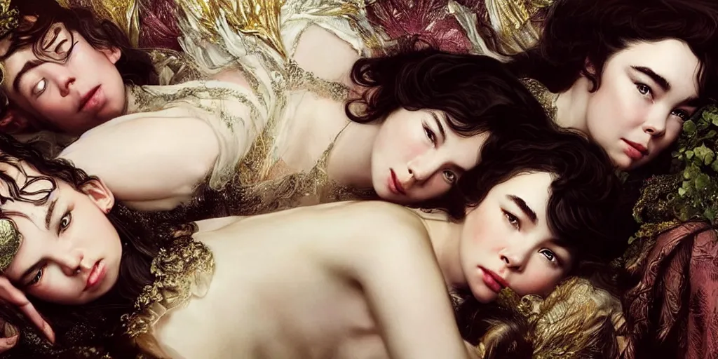 Image similar to stunning photo of dark - haired goddesses vanessa kirby, hailee steinfeld, and bjork smiling, laying back on pillows, with wet faces, wet lips, perfect eyes, insanely detailed, elegant, by mucha, wlop, rutkowski, livia prima