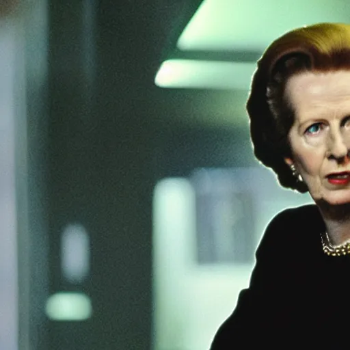 Prompt: A movie still of Margaret Thatcher as Neo in The Matrix