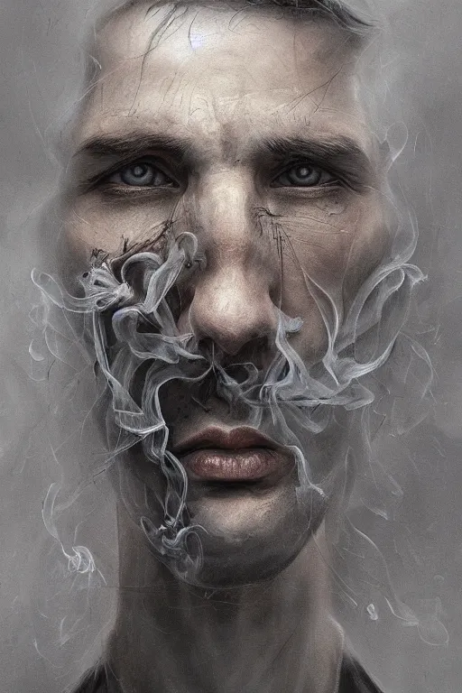 Image similar to Haunting horrifying detailed painting of a man made of cloudy smoke, hyper detailed, trending on Artstation