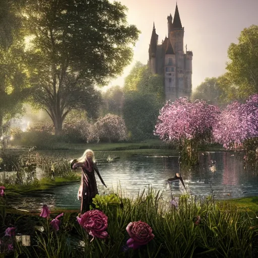 Image similar to Glittering jellyfish are flying over the sparkling pond, behind the flowers on the shore is a gothic castle, and an ice sculpture castle can be seen in the sky by appointment, by Daniel Ridgway Knights and Hugh Kretschmer, light through the mist, dramatic lighting, photorealistic, cinematic lighting, high detail, cinematic feel, high octane, 4K, Unreal Engine, digital render, intricate, ultra realistic, trending on artstation W 1024