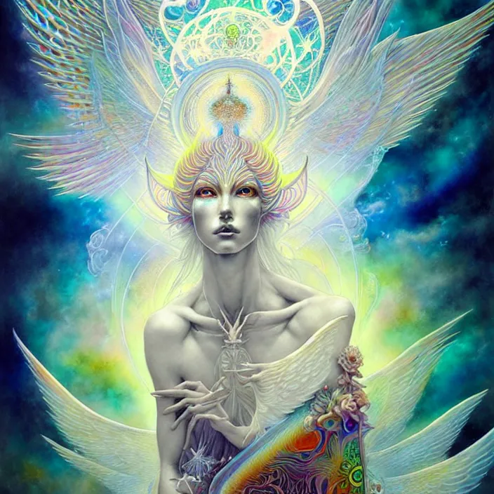 Prompt: psychedelic angelic celestial being by yoshitaka amano, and peter mohrbacher, ayahuasca, sacred geometry, esoteric art, watercolor