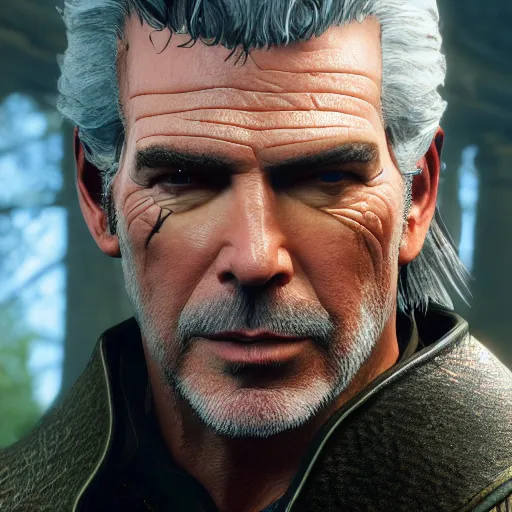 Prompt: Pierce Brosnan in The Witcher 3, highly detailed, high quality, HD, 4k, 8k, Canon 300mm, professional photographer, 40mp, lifelike, top-rated, award winning, realistic, sharp, no blur, edited, corrected, trending