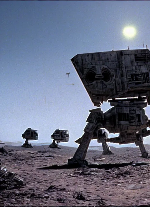 Image similar to screenshot of a wide shot looking up at a star wars AT-ST on a trash planet, from the 1970s film by Stanley Kubrick, brutal, iconic scene, stunning cinematography, hyper-detailed, sharp, anamorphic lenses, kodak color, 4k, stunning