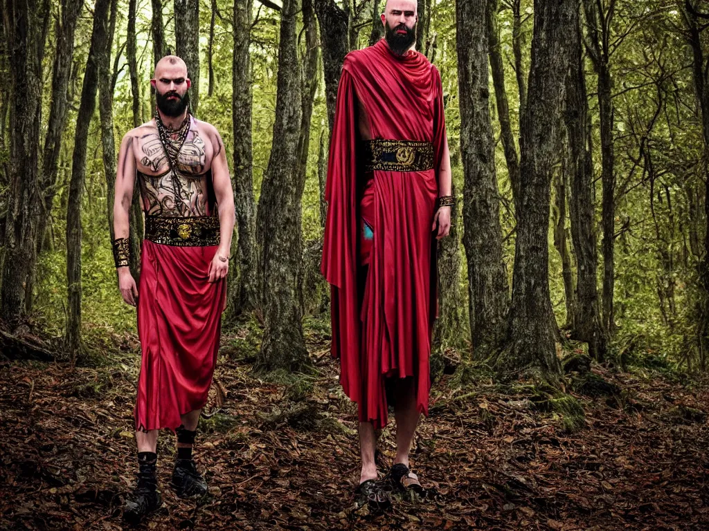 Prompt: versace avant garde male roman toga himation cloak intricate textiles streetwear cyberpunk shaved head trimmed beard in the woods overcast late evening dramatic professional color 8 k hdr