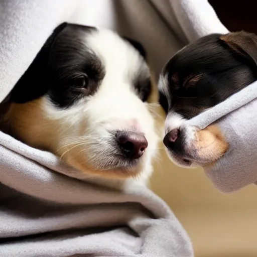 Image similar to two puppies fighting under a blanket