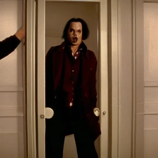 Prompt: Johnny Depp plays Jack Torrance in Shining, he is smashing through the door