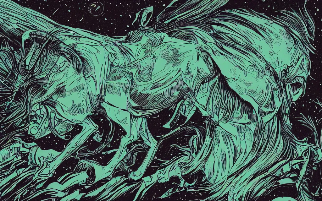 Prompt: very detailed, prophet graphic novel, ilya kuvshinov, mcbess, rutkowski, simon roy, illustration of an abyssal green alien horse, wide shot, colorful, deep shadows, astrophotography, award winning