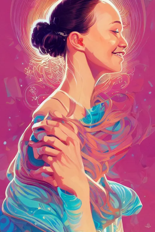 Image similar to a smiling cute woman beautiful skin and wavy hair, tristan eaton, victo ngai, artgerm, rhads, ross draws