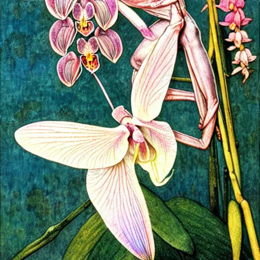 Image similar to orchid mantis by William Morris and Carlos Schwabe