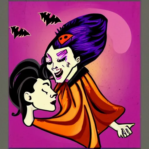 Prompt: vampire woman with purple hair and a red cape shopping for Halloween pumpkins, retro sci Fi pop art,