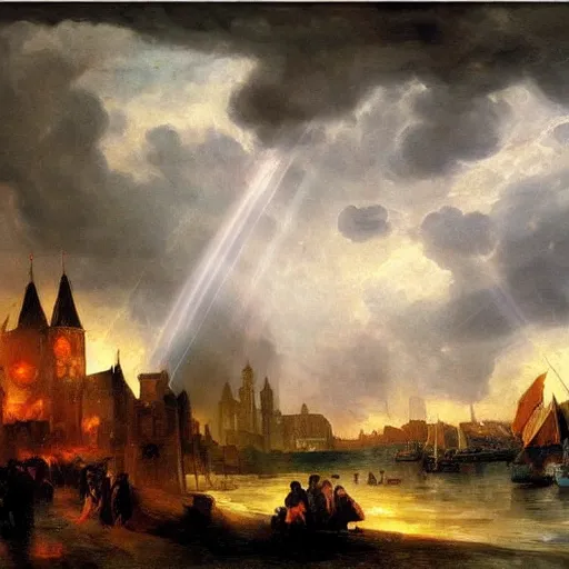 Prompt: oil painting of medieval harbour, storm clouds, sunrays, very very very very very beautiful bright art, american romanticism by goya, medieval castle, burning fires, colorful masterpiece, realistic and detailed, striking digital painting