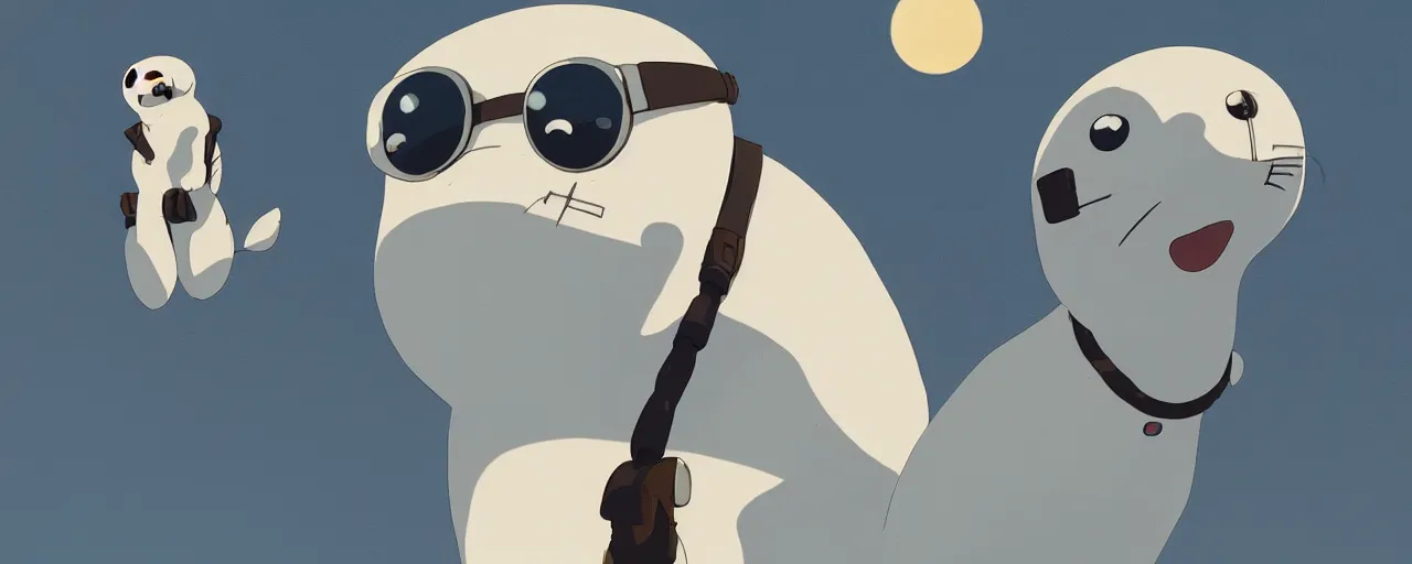 Image similar to baby harp seal dressed as a pilot from the 1 9 3 0 s, atey ghailan, goro fujita, studio ghibli, rim light, soft daytime lighting, clear focus, very coherent