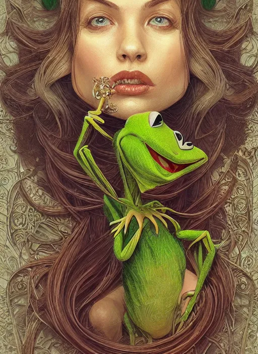 Image similar to portrait of a gaunt and diseased Kermit the frog, intricate, elegant, highly detailed, centered, digital painting, artstation, concept art, smooth, sharp focus, illustration, artgerm, donato giancola, Joseph Christian Leyendecker, WLOP, Artgerm