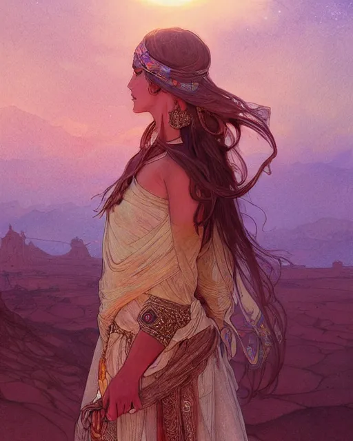 Image similar to bedouin in the desert, highly detailed, gold filigree, romantic storybook fantasy, soft cinematic lighting, award, disney concept art watercolor illustration by mandy jurgens and alphonse mucha and alena aenami, pastel color palette, featured on artstation