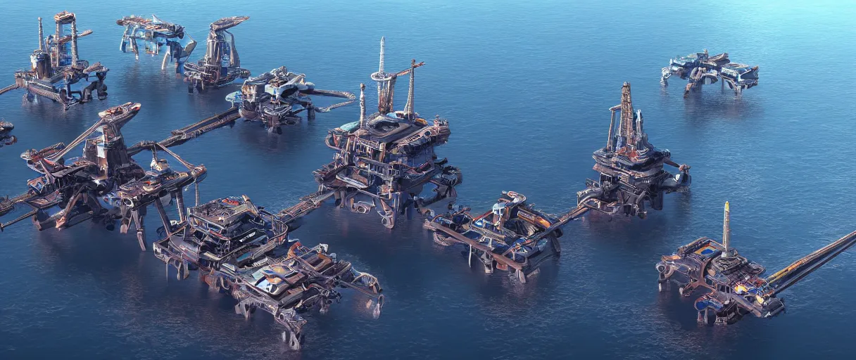 Image similar to futuristic oil rigs on the ocean, sci fi, artstation, detailed render, high quality, 8k