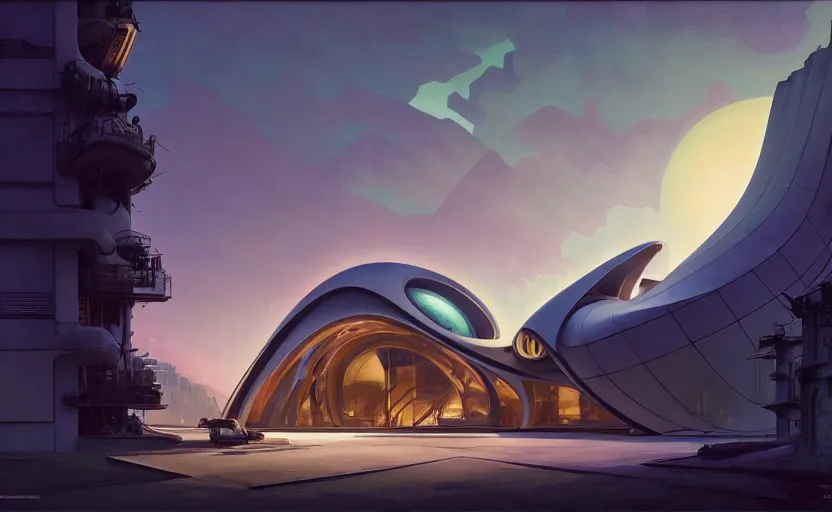 Image similar to exterior shot of utopian architecture laboratory with cinematic lighting by zaha hadid and renzo piano, darek zabrocki and greg ruthkowski, alphonse mucha, simon stalenhag, cinematic, lambda shape, scifi, futurism, atmospheric, sunset, concept art, artstation, trending on artstation