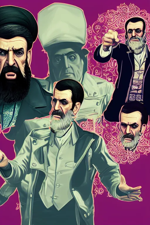 Image similar to angry ali khamenei, with pointing finger, delete duplicating content, parallel content, hyperrealistic anatomy content, violet polsangi pop art, gta chinatown wars art style, extreme quality masterpiece, bioshock infinite art style, incrinate, 2 color, white frame, content balance proportion