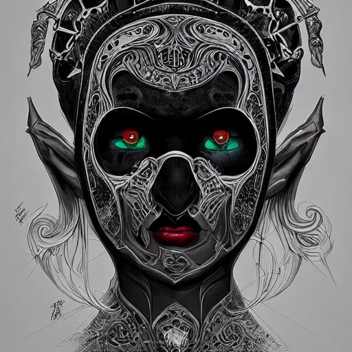 Image similar to vantablack occultist, pitchblack mask, beautiful, detailed symmetrical close - up portrait, intricate complexity, in the style of artgerm and peter mohrbacher, cel - shaded