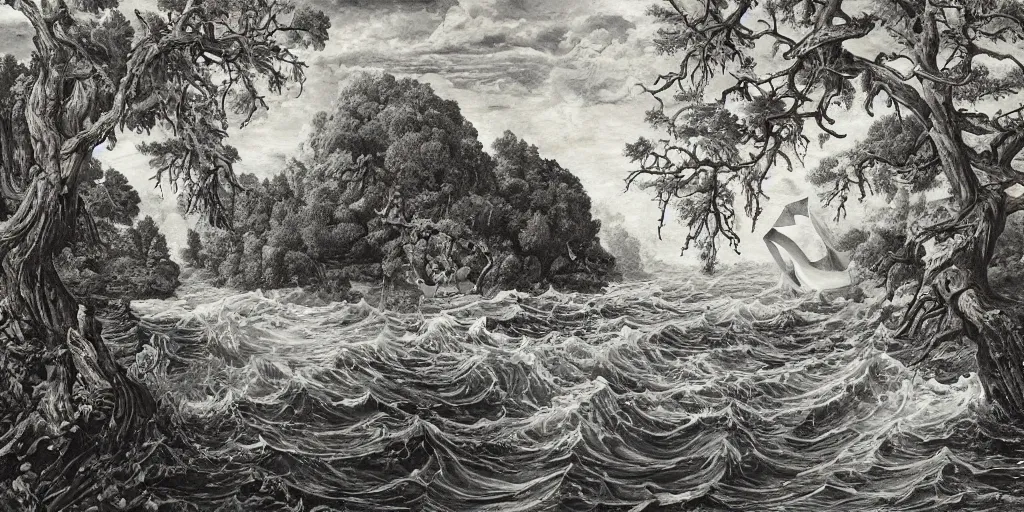 Prompt: An intricate, extremely detailed painting in a style of Szukalski featuring a river in Europe, surrounded by trees and fields. A dinghy is slowly moving through the water. Sun is shining.