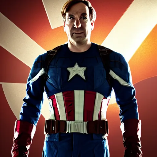 Prompt: Saul Goodman as Captain America, Dramatic pose, 8k,