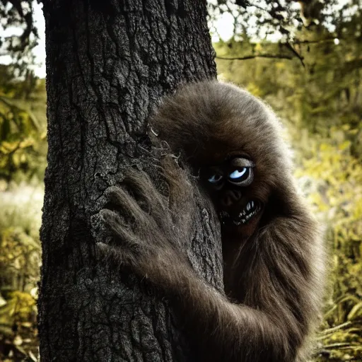 Prompt: award winning, hyper realistic, photograph, sasquatch infant peering out timidly from behind a tree with large cute eyes and it's hand wrapped around the tree trunk, portrait, 8 k, twilight, fog, moonlit