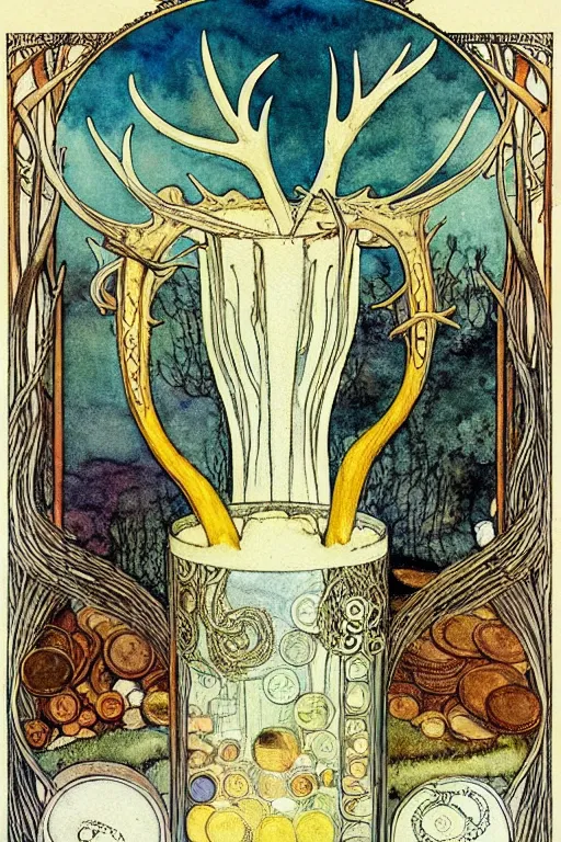 Image similar to a frothy wooden tankard of ale in the center of a frame made of antlers and coins, art by kay nielsen and walter crane, illustration style, watercolor