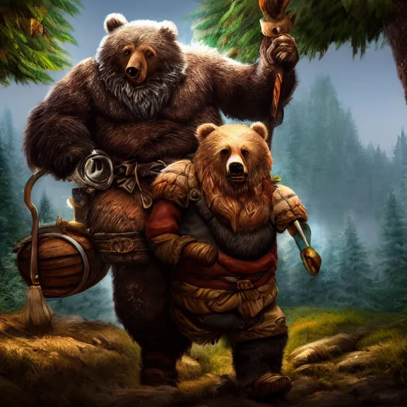 Image similar to Drunk Dwarf Woodsman riding Bear Companion into a Tavern, RPG Portrait Full Body, Oil Painting, Trending on Artstation, octane render, Insanely Detailed, 8k, HD