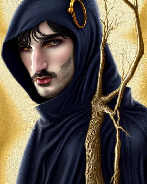 Image similar to wizard tom sturridge, long black hair blue eyes young face wearing cloth mantle gothic navy cloak with gold details, tree town, fantasy character portrait, ultra realistic, intricate, elegant, cinematic lighting, highly detailed, digital painting, artstation, smooth, sharp, focus, illustration, art by artgerm and greg rutkowski and alphonse mucha